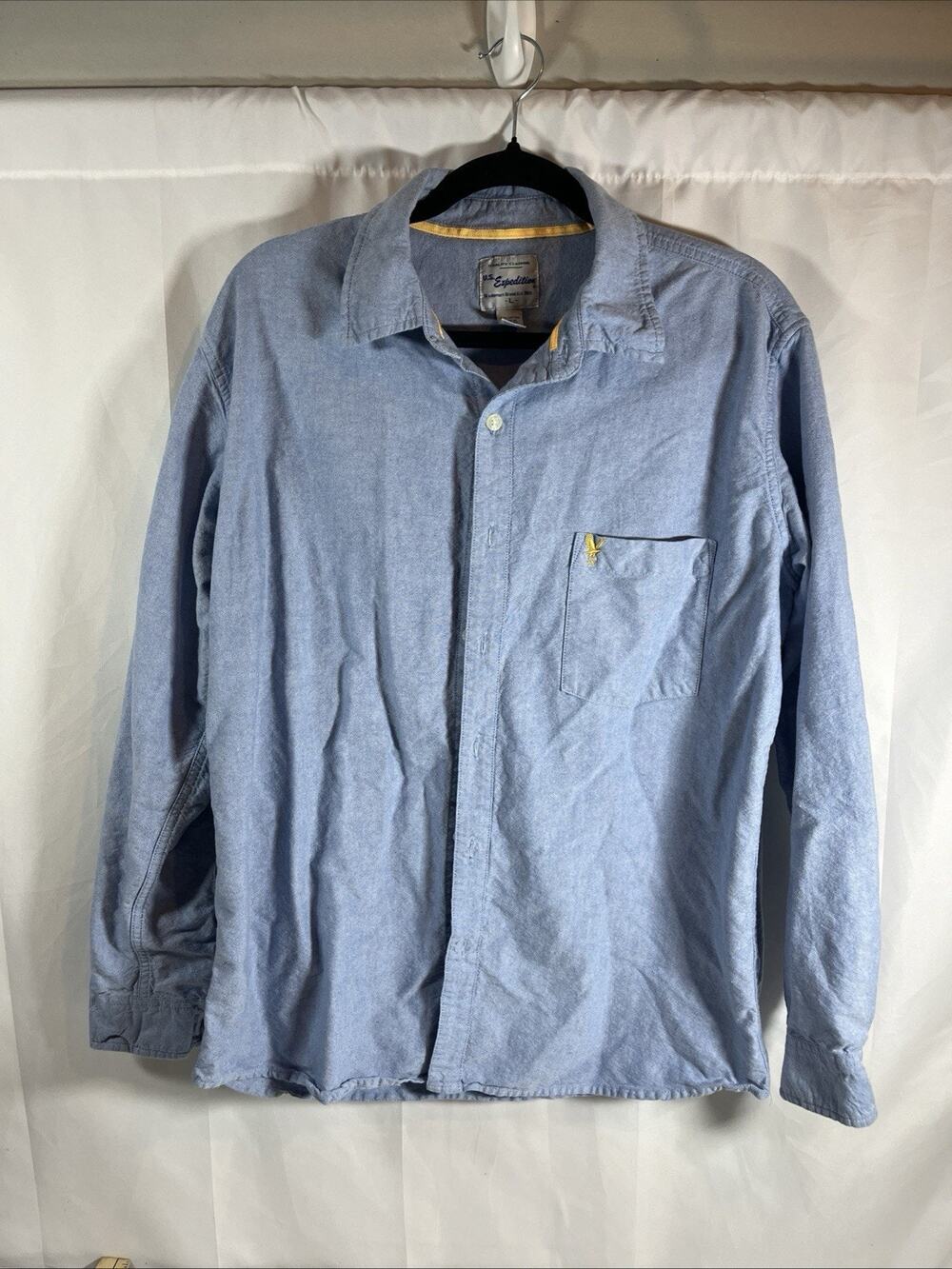 US Expedition Shirt Size Large Textured Woven Button Down Blue Green Long Sleeve